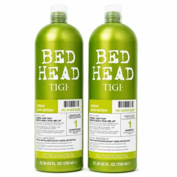 Two green bottles of Bed Head by TIGI Urban Antidotes Re-Energize, one conditioner and one shampoo, each containing 25.36 fl oz (750 ml).