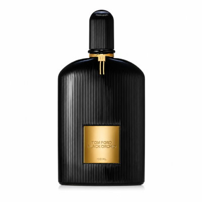 A black ridged bottle of Tom Ford Black Orchid Eau de Parfum Spray, Unisex, 100ml, featuring a gold label and cap accent.