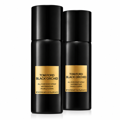Two 150ml unisex Tom Ford Black Orchid body sprays, featuring black bottles with gold labels.