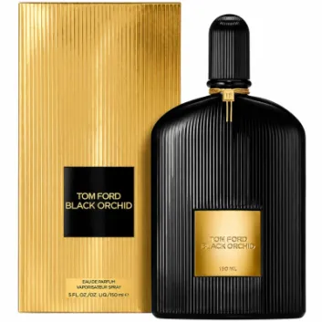 A 150ml black bottle of Tom Ford Black Orchid Eau de Parfum Spray for unisex stands next to its matching gold box, both featuring gold labels with black text.