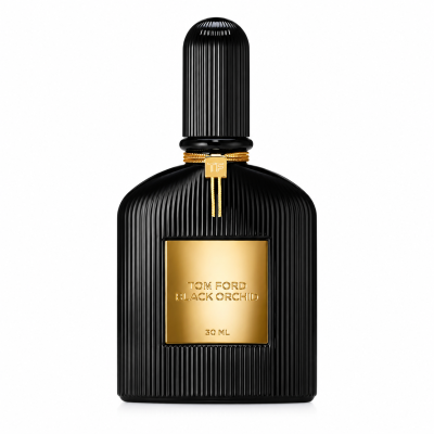 A black, ridged bottle with a gold label and gold neck cord, featuring "Tom Ford Black Orchid Eau de Parfum Spray, Unisex, 30ml" on the front.