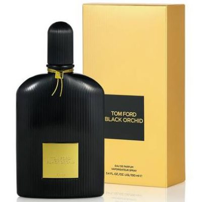 A black bottle of Tom Ford Black Orchid Eau de Parfum Spray, Unisex, 100ml stands beside its yellow box, both featuring the product name in gold and black lettering.