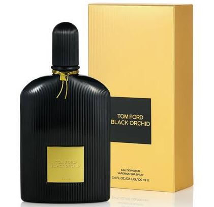A black bottle of Tom Ford Black Orchid Eau de Parfum Spray, Unisex, 100ml stands beside its yellow box, both featuring the product name in gold and black lettering.