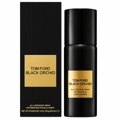 Two black Tom Ford Black Orchid Body Spray bottles, each 150ml and designed for unisex use, stand next to their matching black and gold boxes, all labeled with the product name and details in gold text.