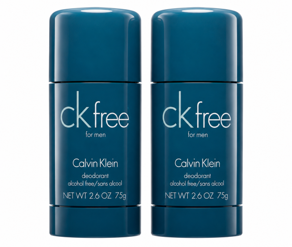Three CK Free Deodorant Sticks for Men, each 75ml, are standing upright side by side on a white background.