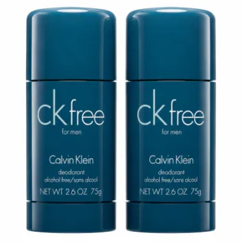 Three CK Free Deodorant Sticks for Men, each 75ml, are standing upright side by side on a white background.