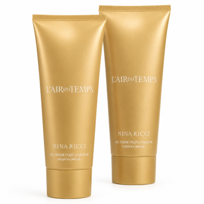 Three gold tubes of Nina Ricci L’Air du Temps Shower Gel, each 200ml, stand upright on a white background.