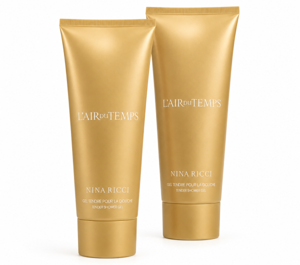 Three gold tubes of Nina Ricci L’Air du Temps Shower Gel, each 200ml, stand upright on a white background. Three gold tubes of Nina Ricci L’Air du Temps Shower Gel, each 200ml, stand upright on a white background.
