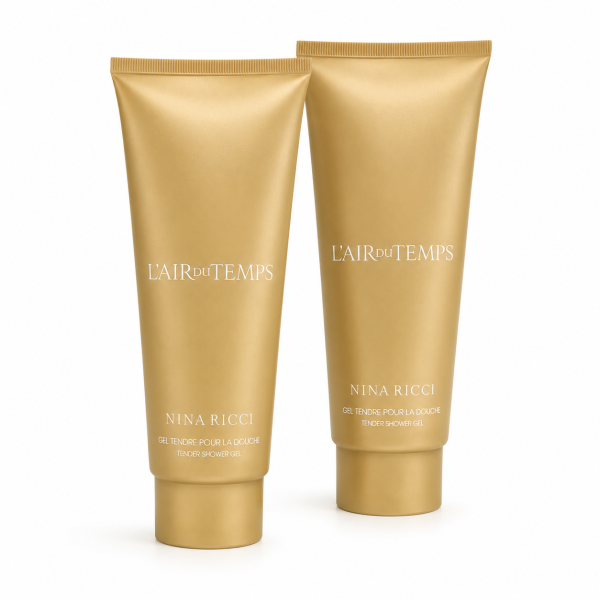 Three tubes of Nina Ricci L’Air du Temps Shower Gel (200ml each) are shown standing upright side by side against a white background.