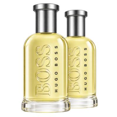 Two clear glass bottles of 2x Hugo Boss Bottled EDT for Men 100ml, Eau de Toilette, with yellow liquid and silver caps, shown against a white background.