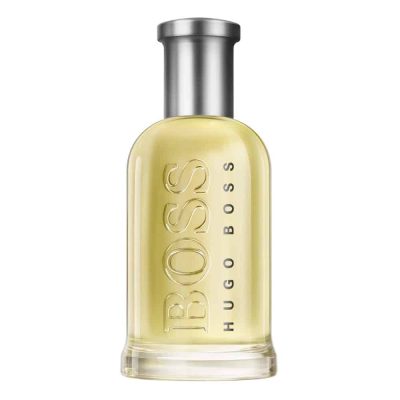 Two clear bottles of Hugo Boss Bottled Eau de Toilette for Men (100ml each) with silver caps, filled with light yellow fragrance. “BOSS HUGO BOSS” is embossed vertically on each bottle.