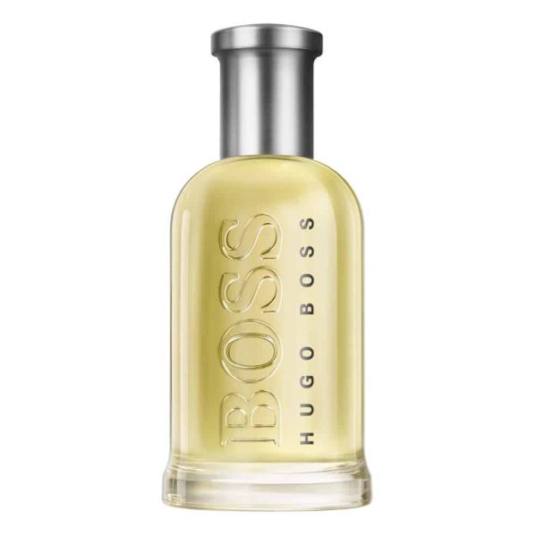 Two clear bottles of Hugo Boss Bottled Eau de Toilette for Men (100ml each) with silver caps, filled with light yellow fragrance. “BOSS HUGO BOSS” is embossed vertically on each bottle.