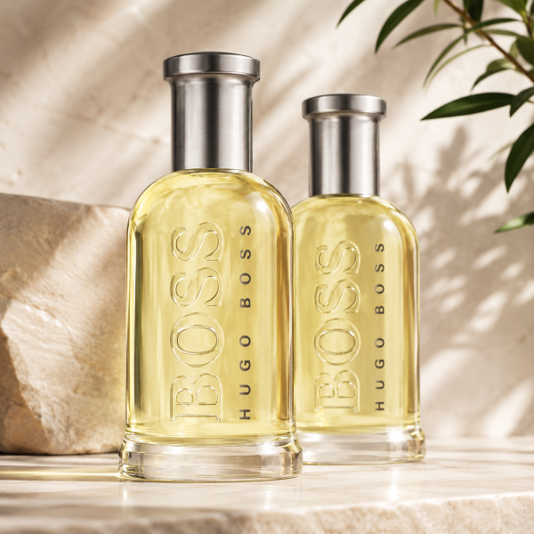 Two bottles of Hugo Boss Bottled EDT for Men (100ml each), featuring clear glass and silver caps, are displayed side by side on a stone surface with a plant in the background.