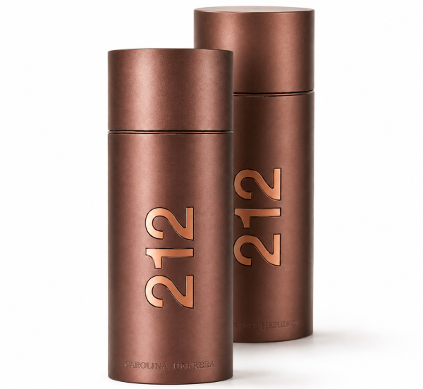 Two cylindrical brown bottles of Carolina Herrera 212 Sexy Men EDT, 100ml Spray are placed side by side against a white background.