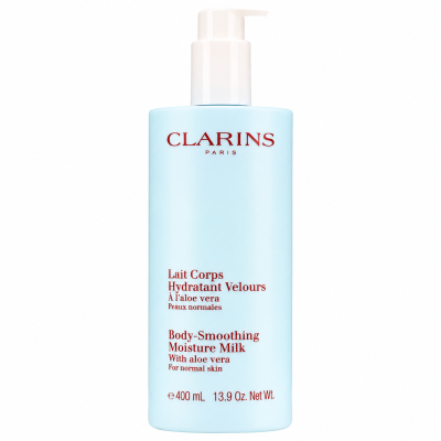 A set of three 400 ml bottles of Clarins Body Smoothing Moisture Milk with aloe vera for normal skin, each featuring a white pump dispenser and red text on a light blue container.