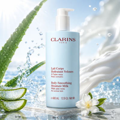 Three light blue bottles of Clarins Body Smoothing Moisture Milk With Aloe Vera 400ml are displayed with pump dispensers, surrounded by water splashes, aloe vera, and a white flower to evoke a sense of freshness and hydration.