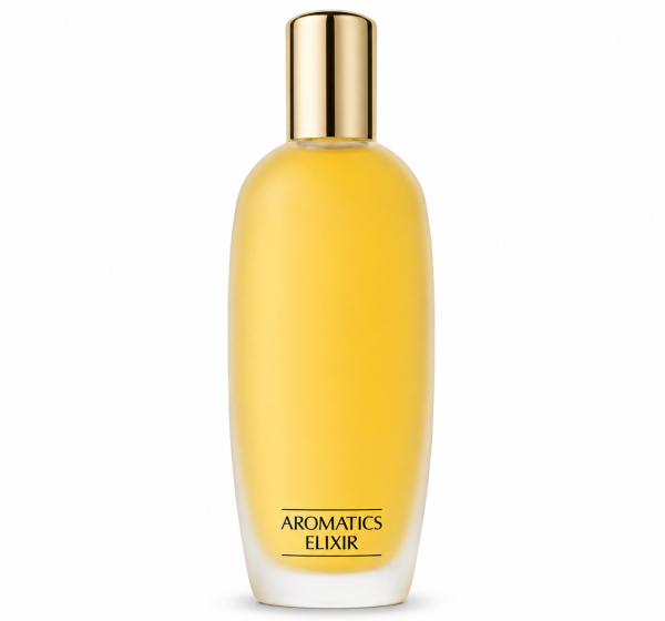 A clear glass bottle of Clinique Aromatics Elixir Eau de Parfum Spray, 45ml, with a gold cap and yellow liquid inside, is displayed against a plain white background.