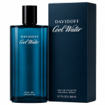 A blue bottle of Davidoff Cool Water EDT for Men 200ml, Eau de Toilette Spray is positioned beside its matching blue box. Both feature white branding and text denoting the product name and size, 200 ml.
