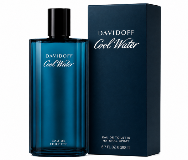 A blue bottle of Davidoff Cool Water EDT for Men 200ml, Eau de Toilette Spray is positioned beside its matching blue box. Both feature white branding and text denoting the product name and size, 200 ml.