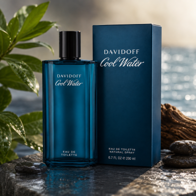 The Davidoff Cool Water EDT for Men 200ml Eau de Toilette Spray bottle and box are displayed on a stone surface by the water, with sunlight and green leaves in the background.