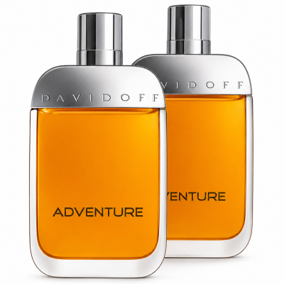 Two bottles of 2x Davidoff Adventure EDT Spray for Men, 100ml, featuring silver caps and orange liquid, are positioned side by side on a white background.