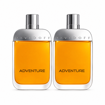 Two bottles of 2x Davidoff Adventure EDT Spray for Men, 100ml, with orange liquid and silver caps, displayed side by side on a white background.