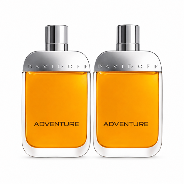 Two bottles of 2x Davidoff Adventure EDT Spray for Men, 100ml, with orange liquid and silver caps, displayed side by side on a white background.