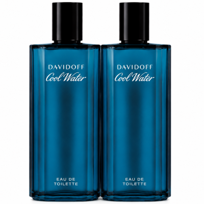 Two blue bottles of Davidoff Cool Water EDT for Men 200ml Eau de Toilette Spray, each with a black cap, are placed side by side against a white background.