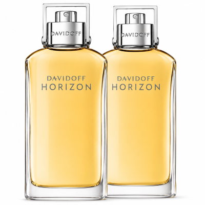 Two bottles of Davidoff Horizon Eau de Toilette 125ml Spray for men, featuring transparent glass and silver caps, are placed side by side on a white background.