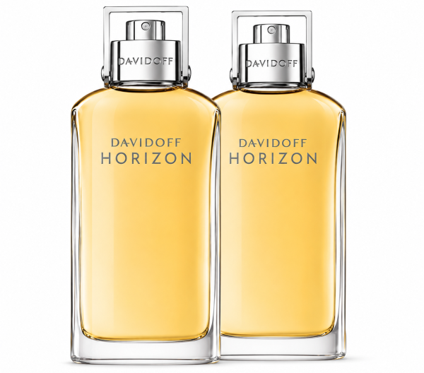 Two bottles of Davidoff Horizon Eau de Toilette 125ml Spray for men, featuring transparent glass and silver caps, are placed side by side on a white background.