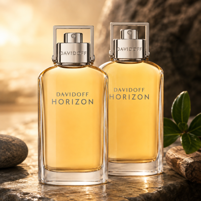 Two bottles of 2x Davidoff Horizon Eau de Toilette 125ml Spray for Men are placed on a stone surface next to a green plant, with a gentle, golden background evoking sunlight.