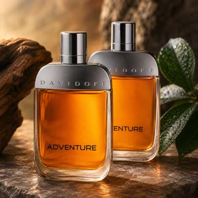 Two bottles of 2x Davidoff Adventure EDT Spray for Men, 100ml, featuring amber liquid, are placed on a stone surface beside a green plant and a piece of wood.