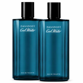 Two bottles of Davidoff Cool Water Eau de Toilette for Men (125ml each), featuring blue glass and black caps, are positioned side by side against a white background.