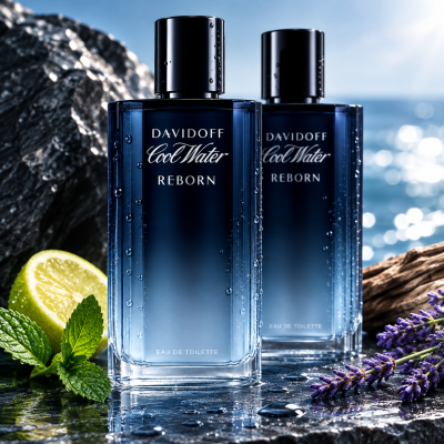 Two bottles of 2x Davidoff Cool Water Reborn EDT Spray for Men, 125ml, with mint leaves, a lime wedge, and lavender on a wet surface, set against an ocean and sunlight backdrop.