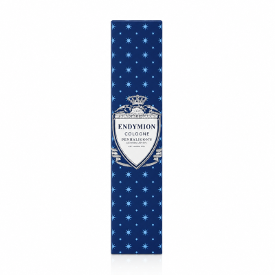 A blue rectangular box adorned with white starburst patterns, displaying a decorative crest at the top and centered text, houses Penhaligon’s Endymion Eau de Toilette (Unisex, 10ml).