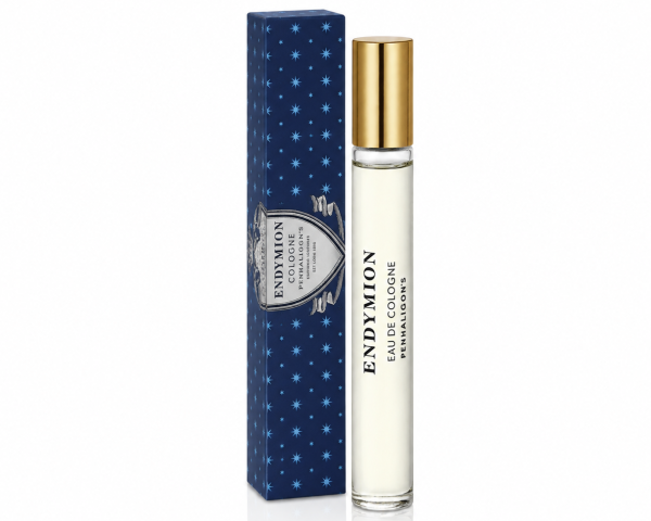 A 10ml bottle of Penhaligon’s Endymion Eau de Toilette, unisex, with a gold cap is placed beside its blue box adorned with white star patterns, all set against a white background.