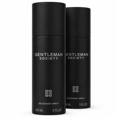 Two black cans of 2x Givenchy Gentleman Society Deodorant Spray for men, each labeled 150ml and 5 fl oz, standing side by side on a white background.