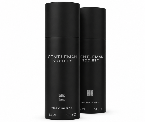 Two black cans of 2x Givenchy Gentleman Society Deodorant Spray for men, each labeled 150ml and 5 fl oz, standing side by side on a white background.