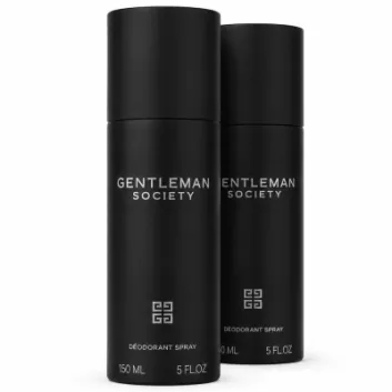 Two black cans of 2x Givenchy Gentleman Society Deodorant Spray for men, each labeled 150ml and 5 fl oz, standing side by side on a white background.