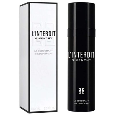 Three black Givenchy L’Interdit deodorant spray bottles for men (100ml each) are displayed beside their white packaging boxes, all labeled with the brand and product details.