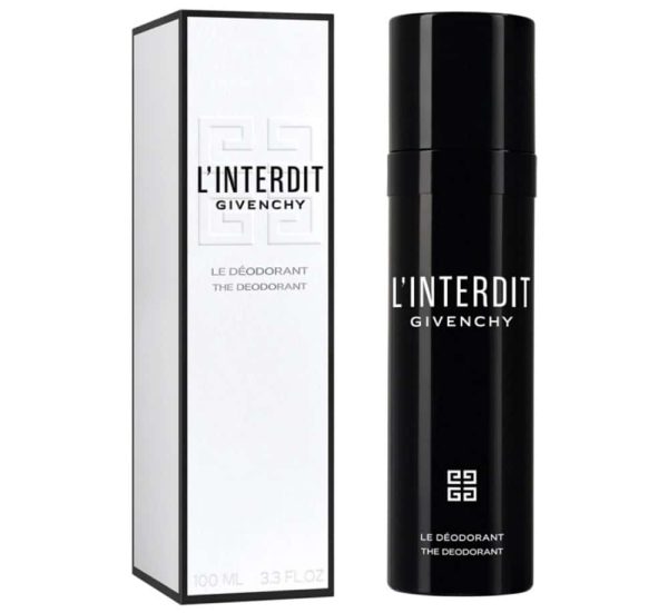 Three black Givenchy L’Interdit deodorant spray bottles for men (100ml each) are displayed beside their white packaging boxes, all labeled with the brand and product details.