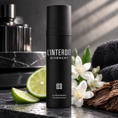 Three bottles of Givenchy L’Interdit Deodorant Spray for Men, 100ml each, displayed on a stone surface, surrounded by lime slices, white flowers, textured stones, and a piece of brown wood under soft light and gentle shadows.