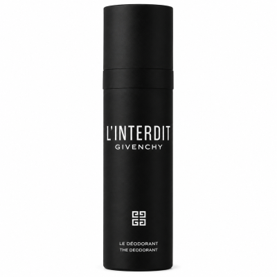 A black cylindrical can of Givenchy L’Interdit Deodorant Spray for Men (100ml), featuring white text branding and a square logo near the bottom. This product comes in a set of 3.