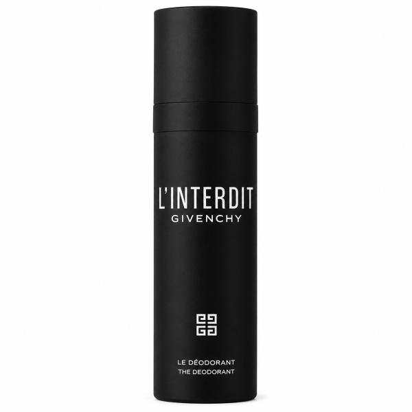 A black cylindrical can of Givenchy L’Interdit Deodorant Spray for Men (100ml), featuring white text branding and a square logo near the bottom. This product comes in a set of 3.