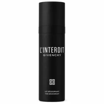 A black cylindrical can of Givenchy L’Interdit Deodorant Spray for Men (100ml), featuring white text branding and a square logo near the bottom. This product comes in a set of 3.