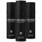 Three black cylindrical cans of Givenchy L’Interdit Deodorant Spray for Men, 100ml each, are arranged upright against a white background, with branding and product details visible on each can.