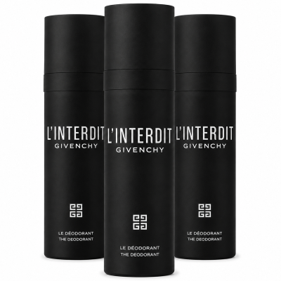 Three black cylindrical cans of Givenchy L’Interdit Deodorant Spray for Men, 100ml each, are arranged upright against a white background, with branding and product details visible on each can.
