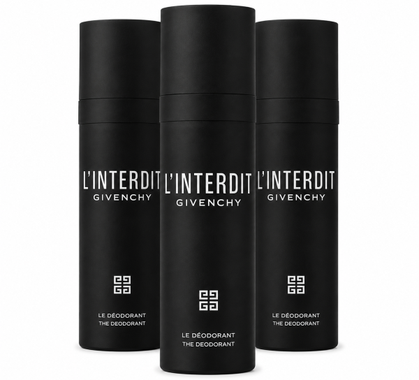 Three black cylindrical cans of Givenchy L’Interdit Deodorant Spray for Men, 100ml each, are arranged upright against a white background, with branding and product details visible on each can.