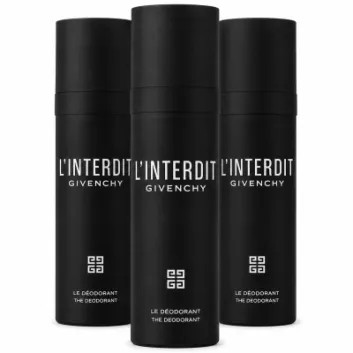 Three black cylindrical cans of Givenchy L’Interdit Deodorant Spray for Men, 100ml each, are arranged upright against a white background, with branding and product details visible on each can.