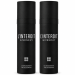 Three black cylindrical bottles of Givenchy L’Interdit Deodorant Spray for Men, 100ml each, are standing upright side by side against a white background.